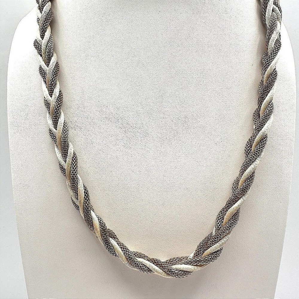 Vintage 90s Braided Gold Tone Mesh &‎ Cream Silk Cord Statement Necklace Jewelry